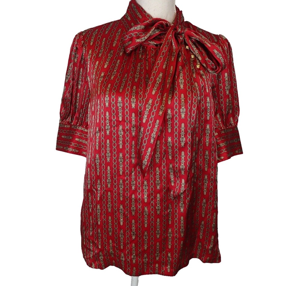 BANANA REPUBLIC Women’s Red Silver Chain silk blouse with front tie M vtg